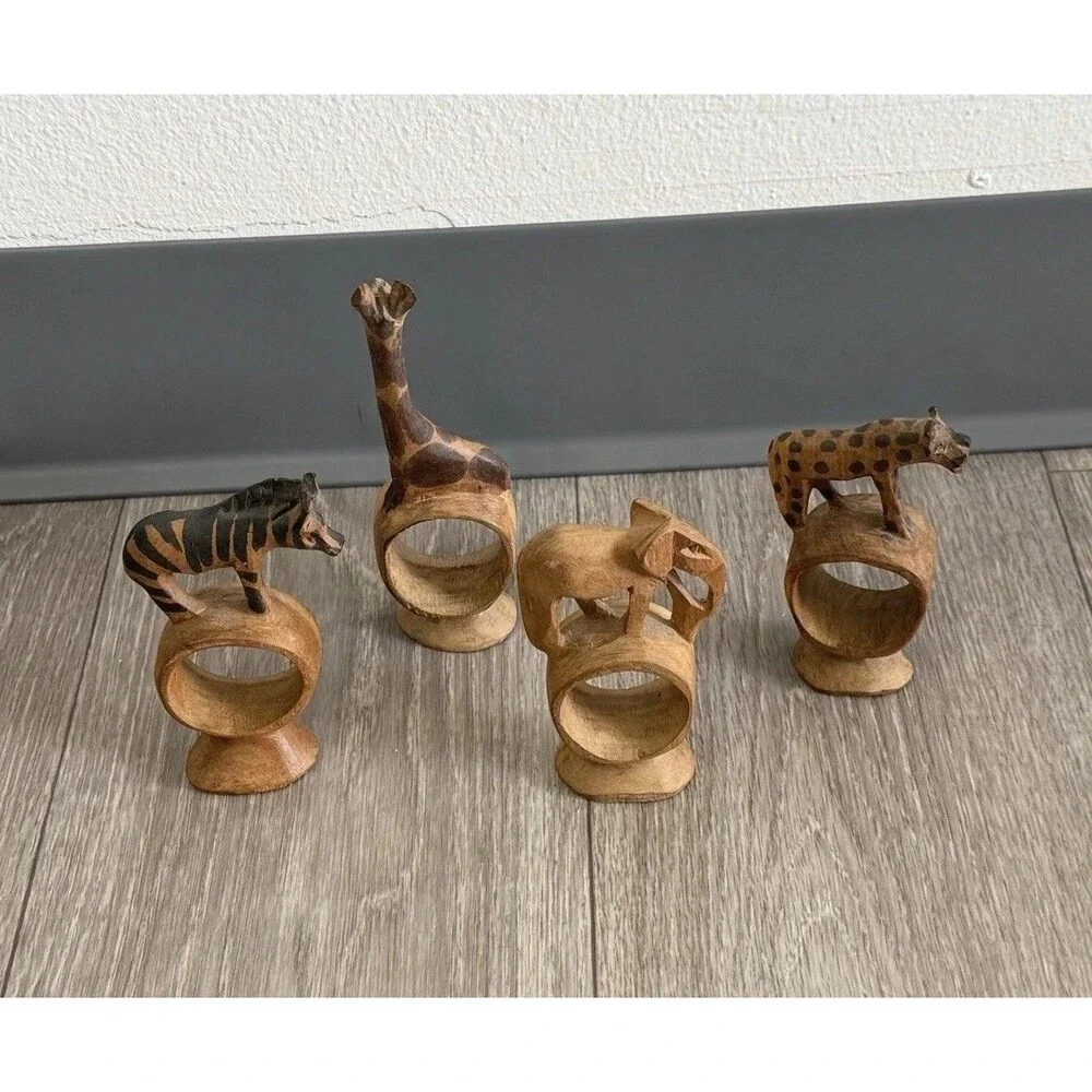 Vintage set of 4 Hand Carved Wooden African Safari Animal Napkin Ring Holders